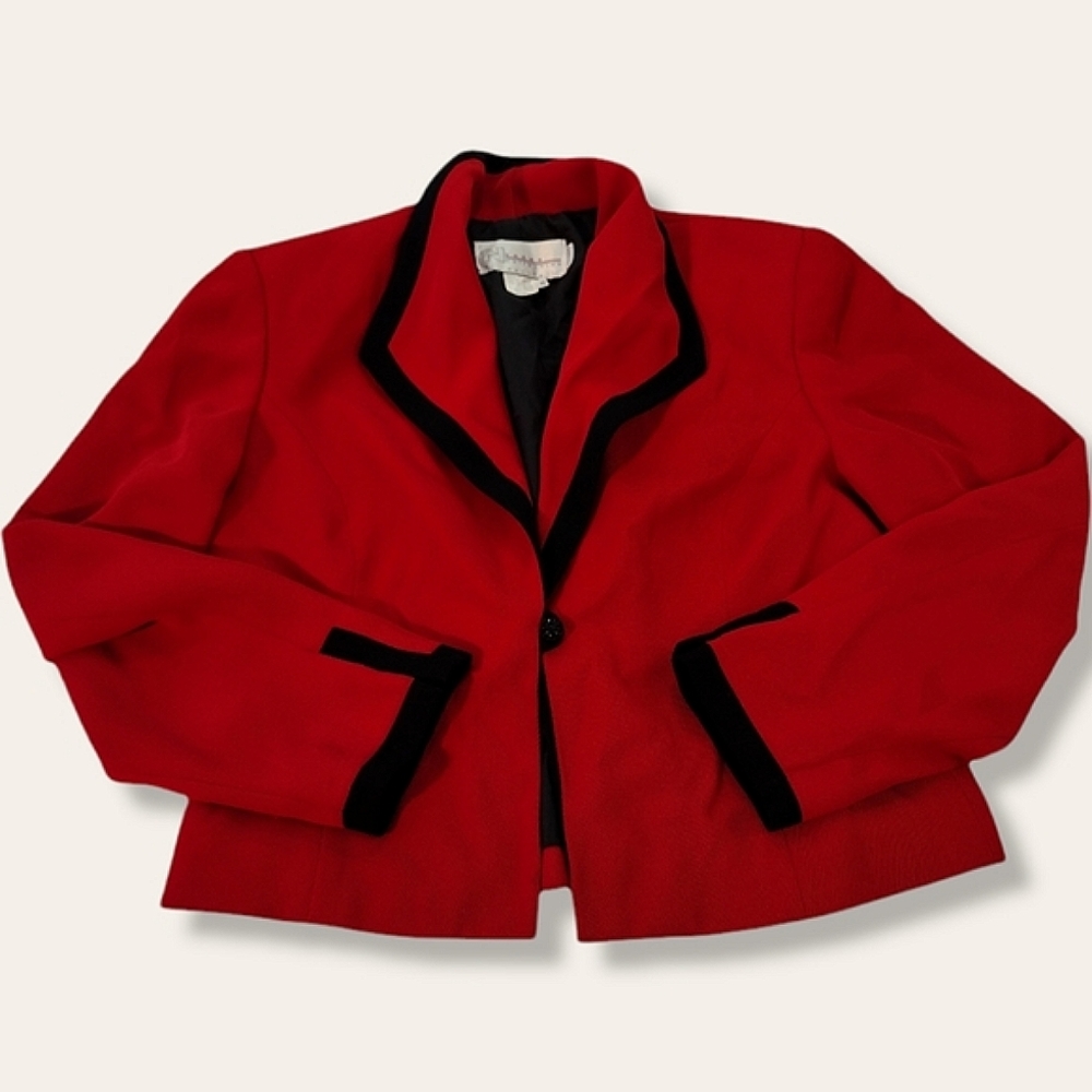Pete Nygard Blazer Women's Petite Small Red Black Polyster Long Sleeve Used